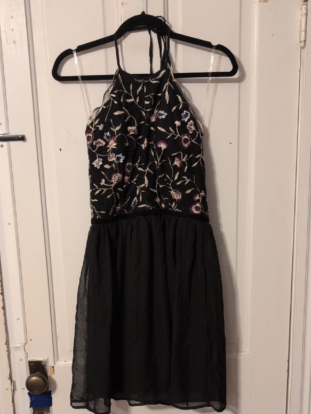 Francesca's Collections Black Halter Dress with Multicolor Floral Embroidery